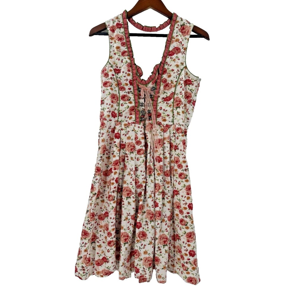 VINTAGE Landhaus Floral Sleeveless Lace Up Corset Fairy Dress SIZE EU 44 US 12